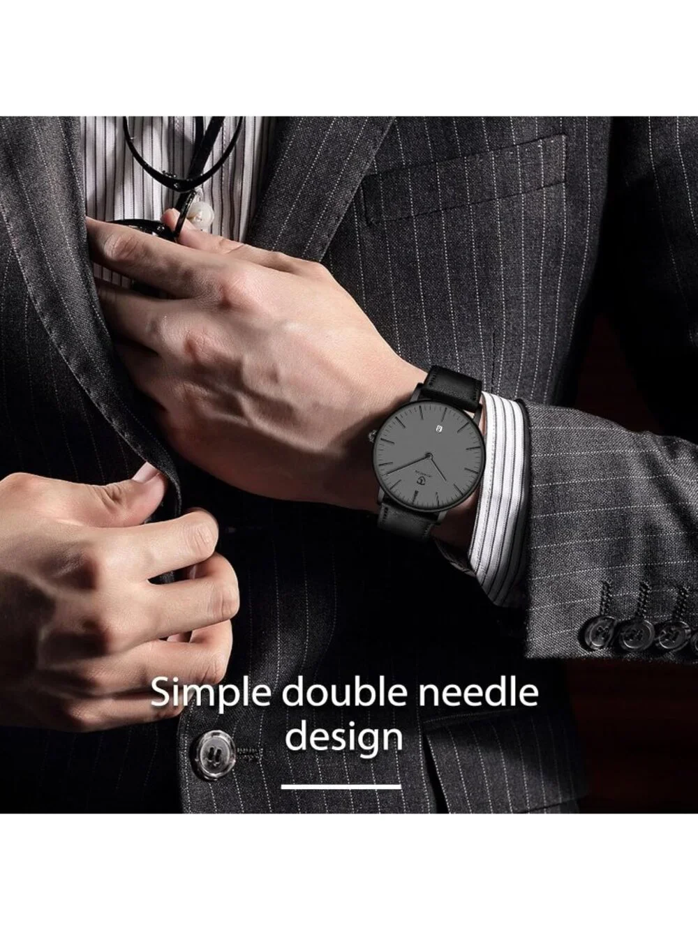 Mens Black Grey Leather Strap Analog Minimalist Fashion Simple Round Wrist Watch